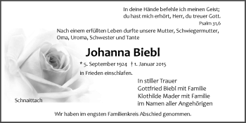 Traueranzeige von Johanna Biebl von Pegnitz-Zeitung